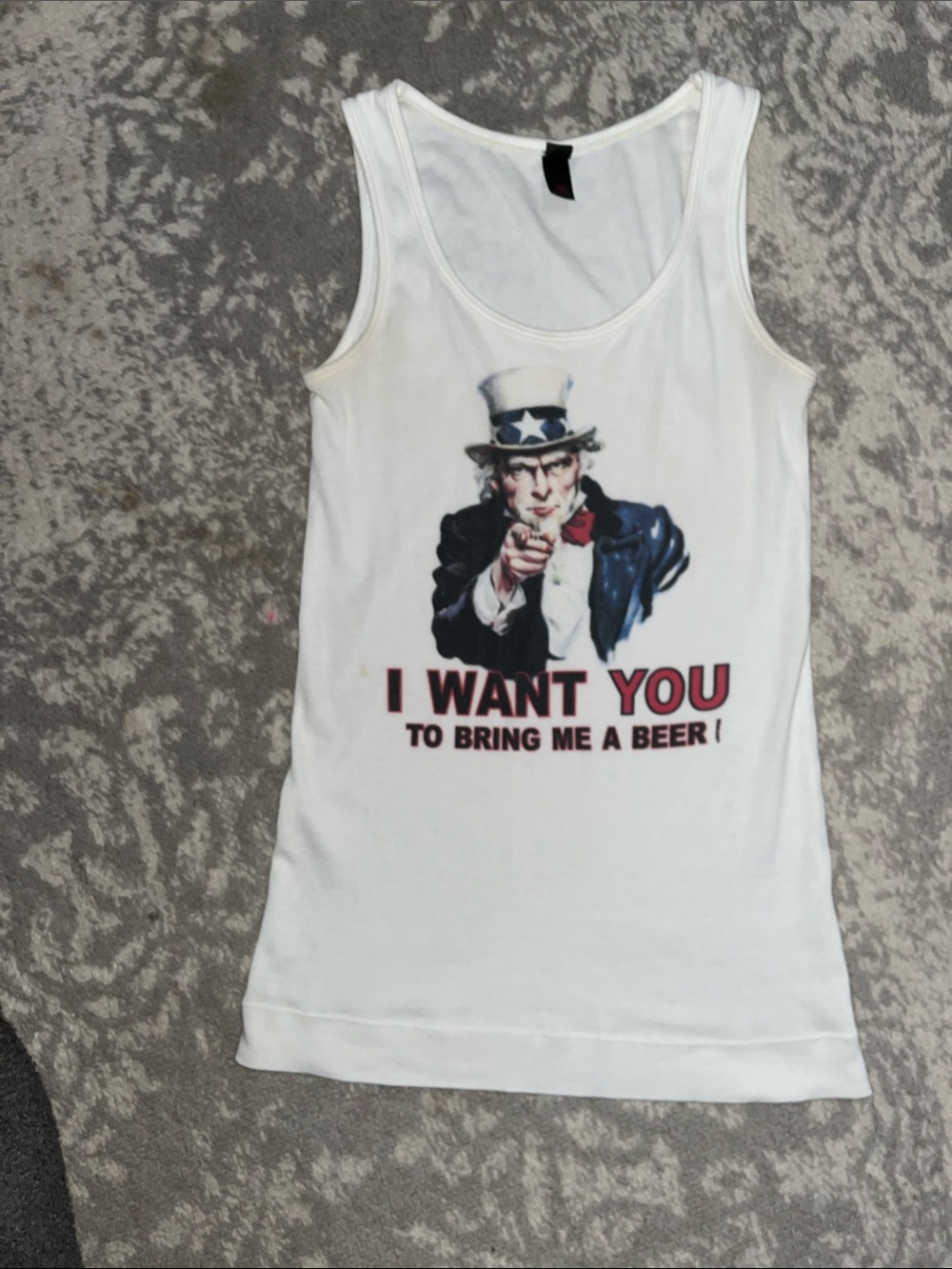 District White Tank Top with Uncle Sam Beer Graphic